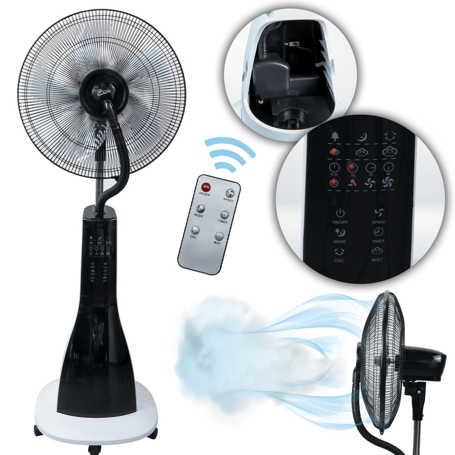 TroniTechnik® Standventilator mit Wasserkühlung, Sprühnebel Raumbefeuchter, Fernbedienung, Oszillierend, 3 Stufen, Timer