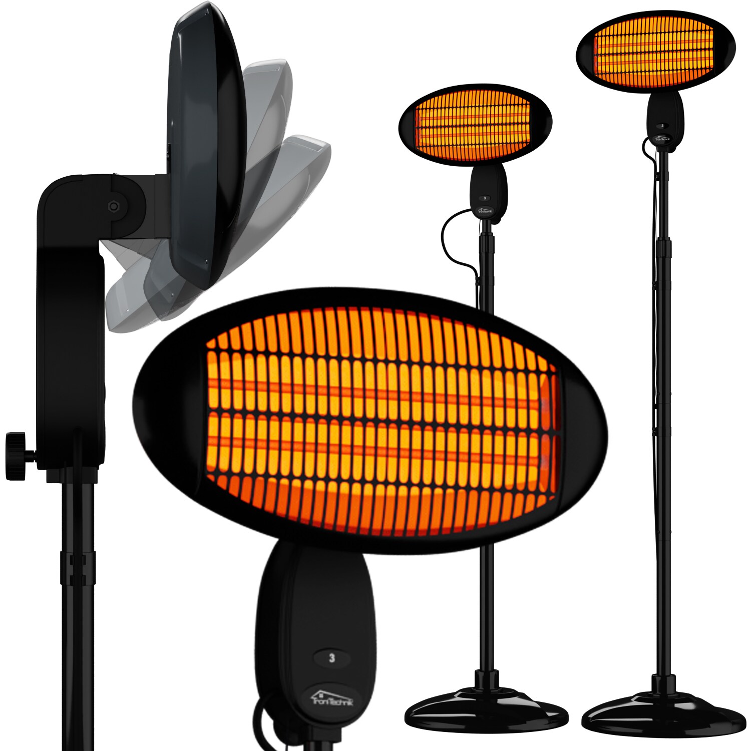 TroniTechnik® Quartz-Heizstrahler mit 3 Stufen, Standstrahler mit verstellbarer Teleskopstange und Kopf, 2000 Watt Terrasse