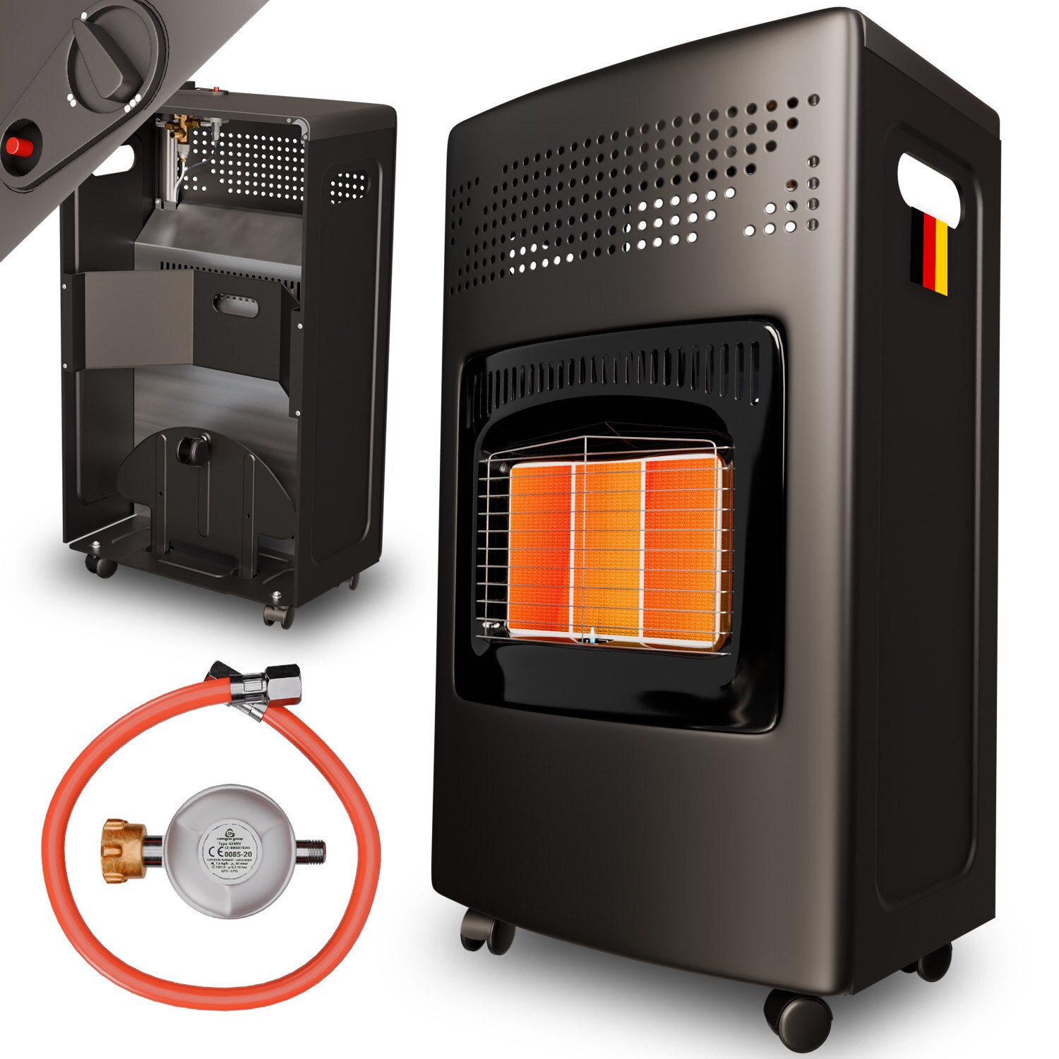 TroniTechnik® Gasheizer Gasheizofen Heizstrahler 4,2 kW Gas Heizung inkl. Gasdruckregler & Gasschlauch 3 Heizstufen 4200W