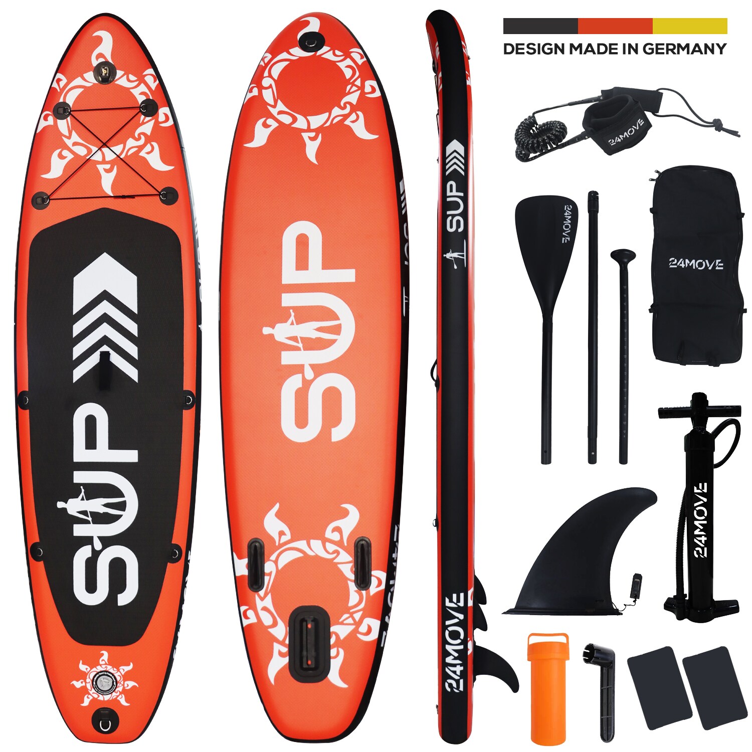 24MOVE&reg; Standup Paddle Board SUP, inkl. umfangreichem Zubeh&ouml;r, Paddel und Hochdruckpumpe, ROT, 305x76x15cm 