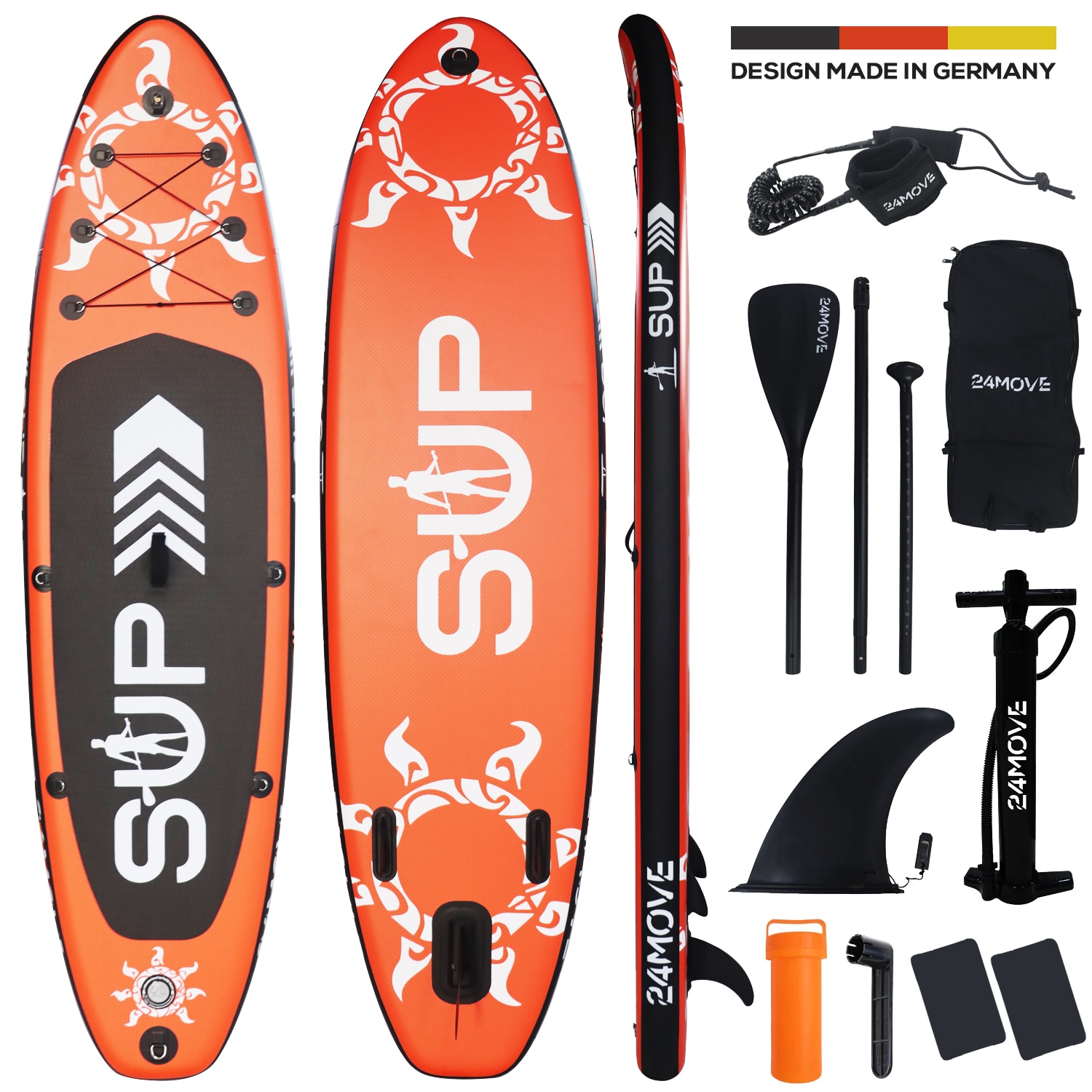 24MOVE&reg; Standup Paddle Board SUP, inkl. umfangreichem Zubeh&ouml;r, Paddel und Hochdruckpumpe, ROT, 366x80x15cm 