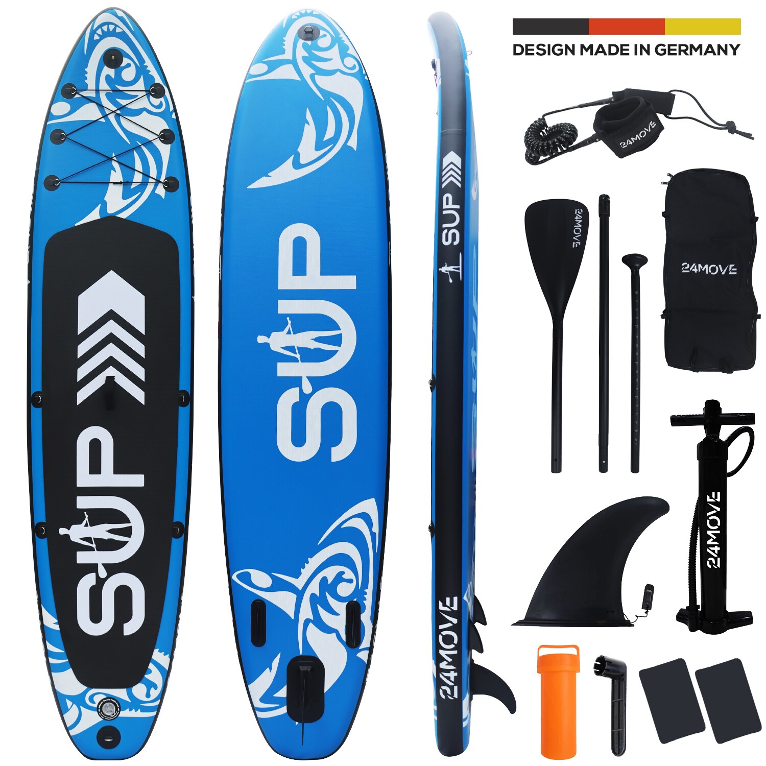 24MOVE&reg; Standup Paddle Board SUP, inkl. umfangreichem Zubeh&ouml;r, Paddel und Hochdruckpumpe, BLAU, 366x80x15cm 