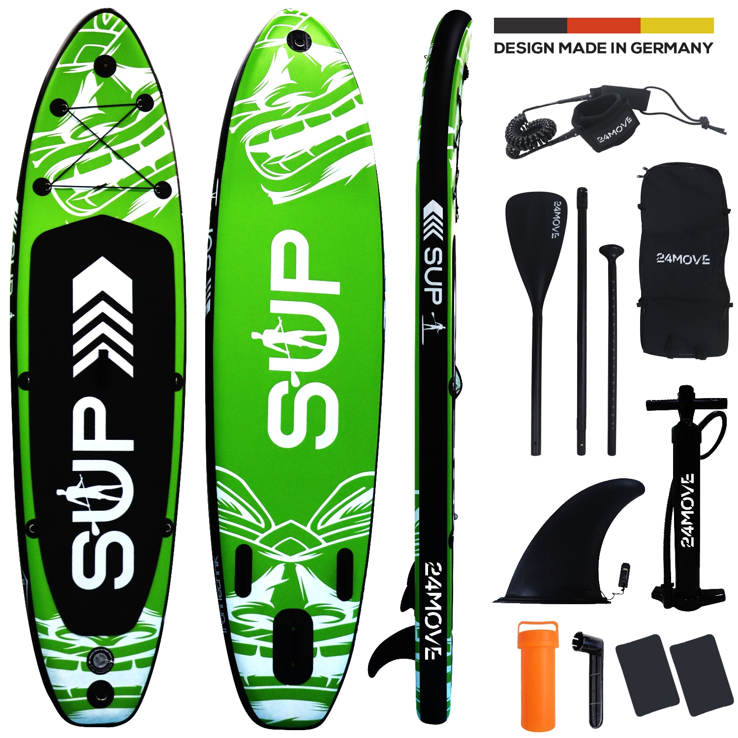 24MOVE&reg; Standup Paddle Board SUP, inkl. umfangreichem Zubeh&ouml;r, Paddel und Hochdruckpumpe, GR&Uuml;N, 305x76x15cm 
