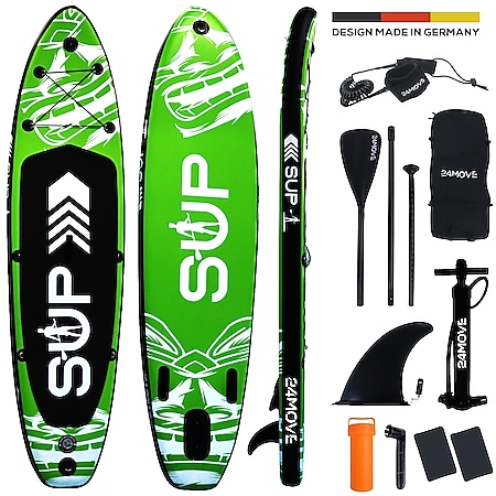 24MOVE® Standup Paddle Board SUP, inkl. umfangreichem Zubehör, Paddel und Hochdruckpumpe, GRÜN, 305x76x15cm 