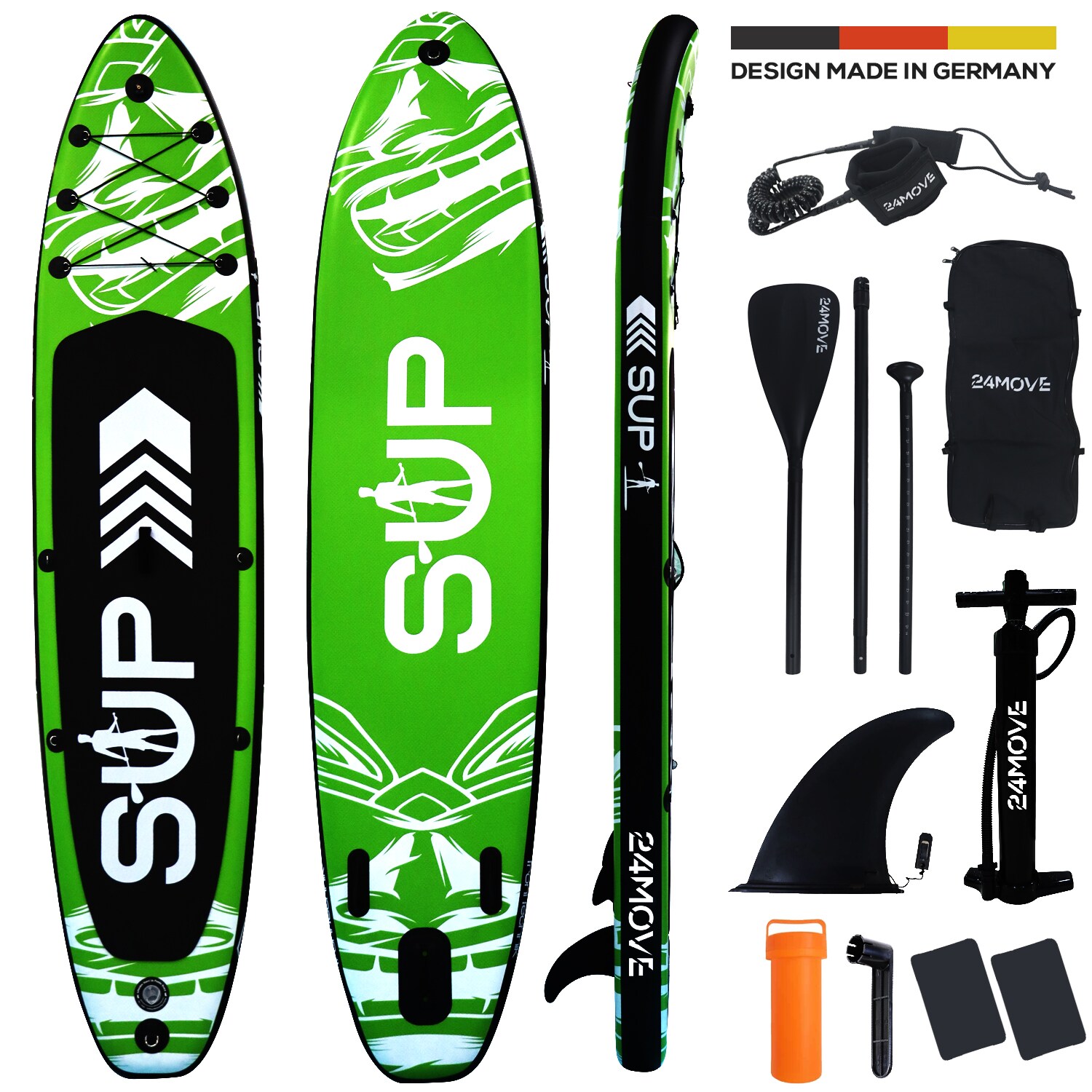 24MOVE&reg; Standup Paddle Board SUP, inkl. umfangreichem Zubeh&ouml;r, Paddel und Hochdruckpumpe, GR&Uuml;N, 366x80x15cm 