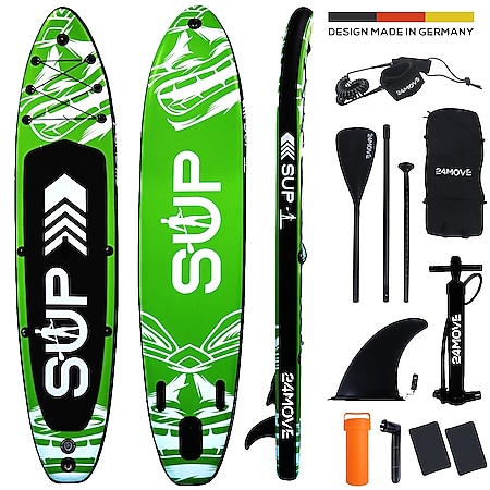 24MOVE® Standup Paddle Board SUP, inkl. umfangreichem Zubehör, Paddel und Hochdruckpumpe, GRÜN, 366x80x15cm 