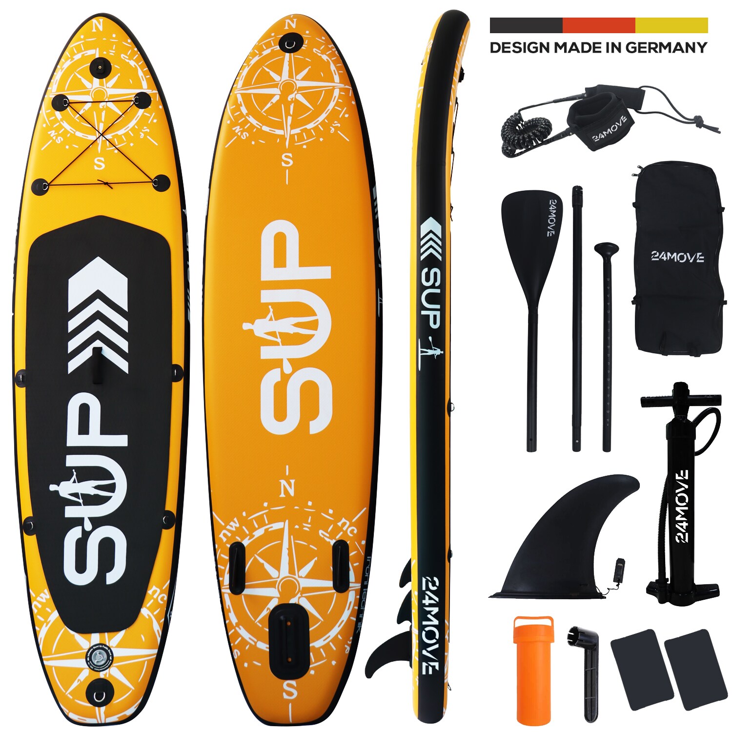 24MOVE&reg; Standup Paddle Board SUP, inkl. umfangreichem Zubeh&ouml;r, Paddel und Hochdruckpumpe, ORANGE, 320x80x15cm 