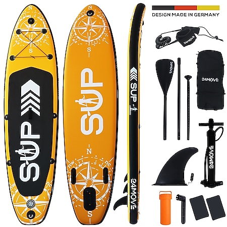 24MOVE® Standup Paddle Board SUP, inkl. umfangreichem Zubehör, Paddel und Hochdruckpumpe, ORANGE, 320x80x15cm 