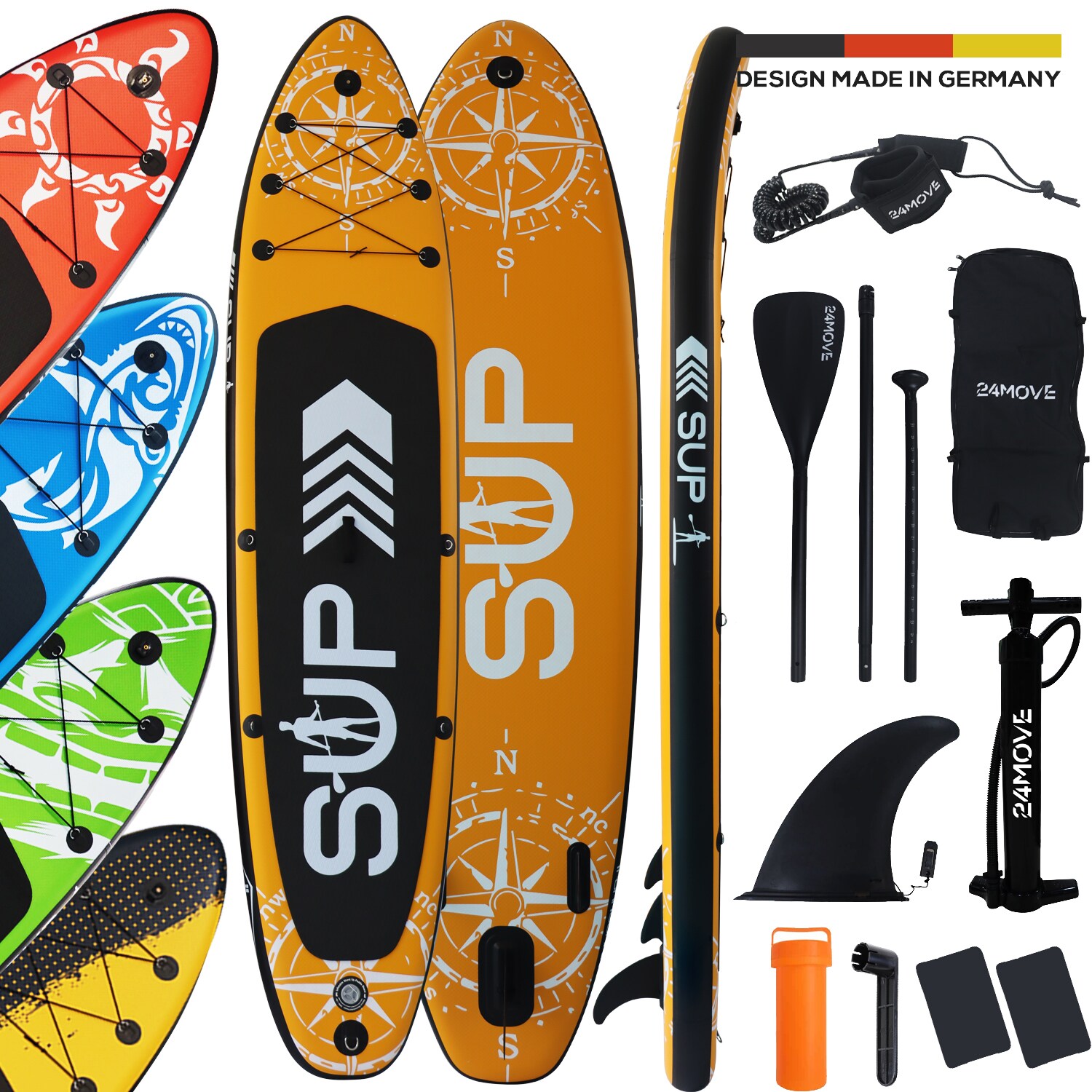 24MOVE&reg; Standup Paddle Board SUP, inkl. umfangreichem Zubeh&ouml;r, Paddel und Hochdruckpumpe, ORANGE, 366x80x15cm 