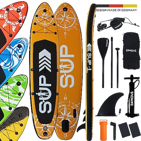 24MOVE® Standup Paddle Board SUP, inkl. umfangreichem Zubehör, Paddel und Hochdruckpumpe, ORANGE, 366x80x15cm 