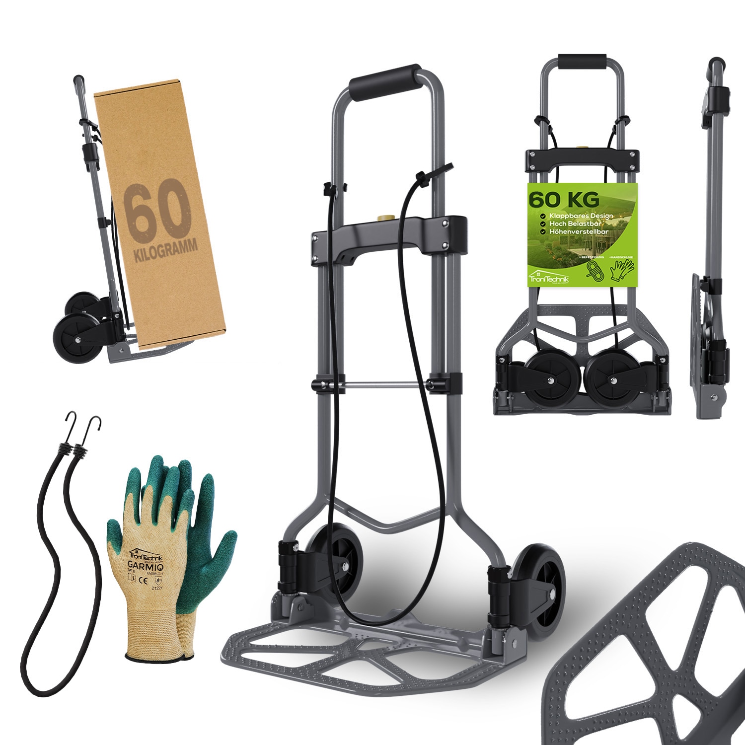 TroniTechnik&reg; Sackkarre SK-02 Handkarre klappbar, Transportkarre bis 60kg, Klappwagen aus Metall - Transportwagen 