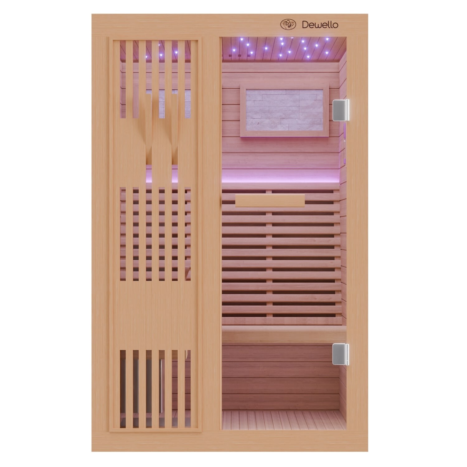 Finnische Sauna MINTO 120x120 Kabine aus Hemlock Tannenholz mit 3,5 kW Harvia Ofen, inkl Sauna Set