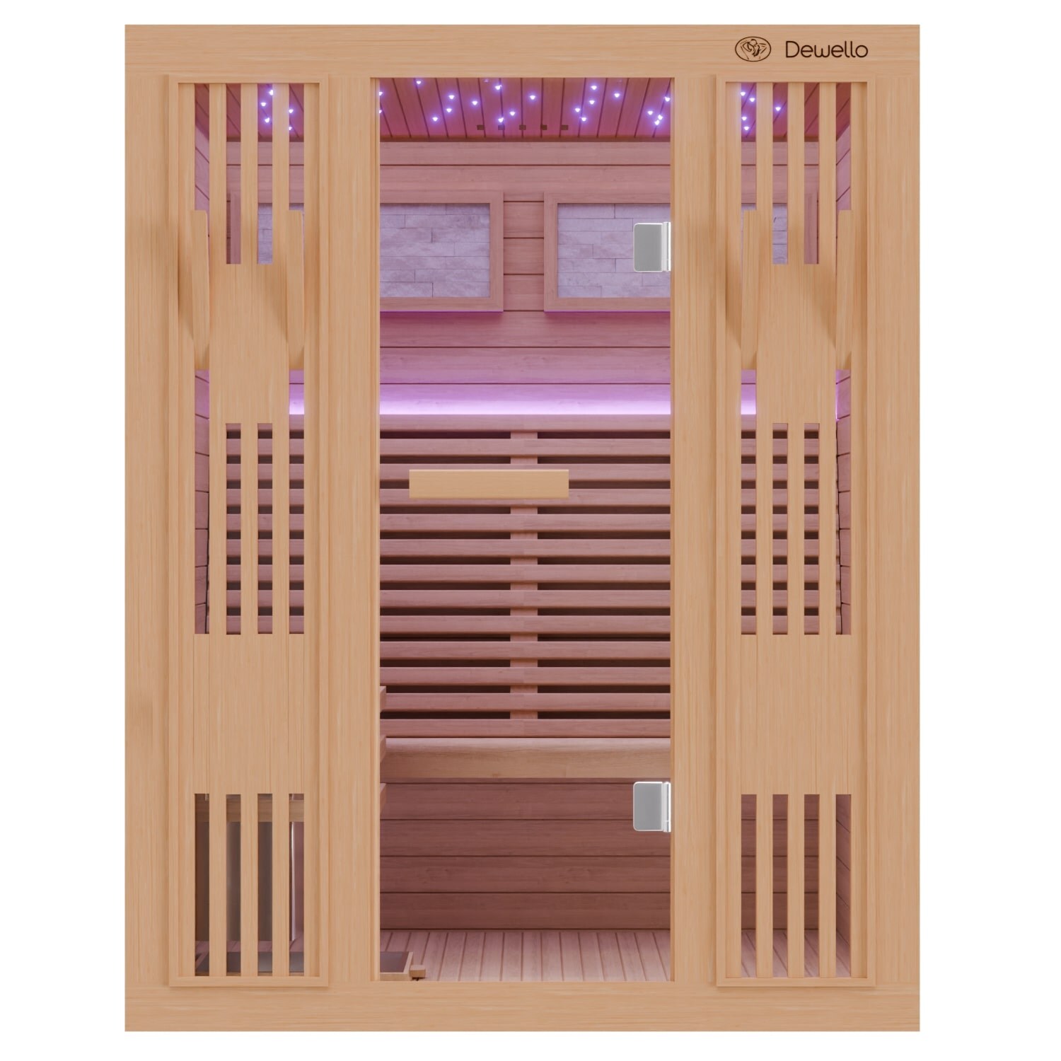 Finnische Sauna MINTO 150x130 Kabine aus Hemlock Tannenholz mit 4,5 kW Harvia Ofen, inkl Sauna Set