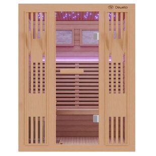 Dewello Finnische Sauna MINTO 150x130 Kabine aus Hemlock Tannenholz mit 4,5 kW Harvia Ofen, inkl Sauna Set 