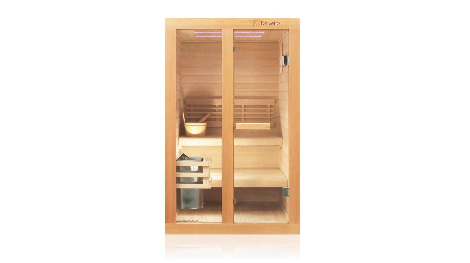 Dewello Finnische Sauna TOFINO 120x140 Kabine aus Hemlock Tannenholz mit 3,5 kW Harvia Ofen, inkl Sauna Set 