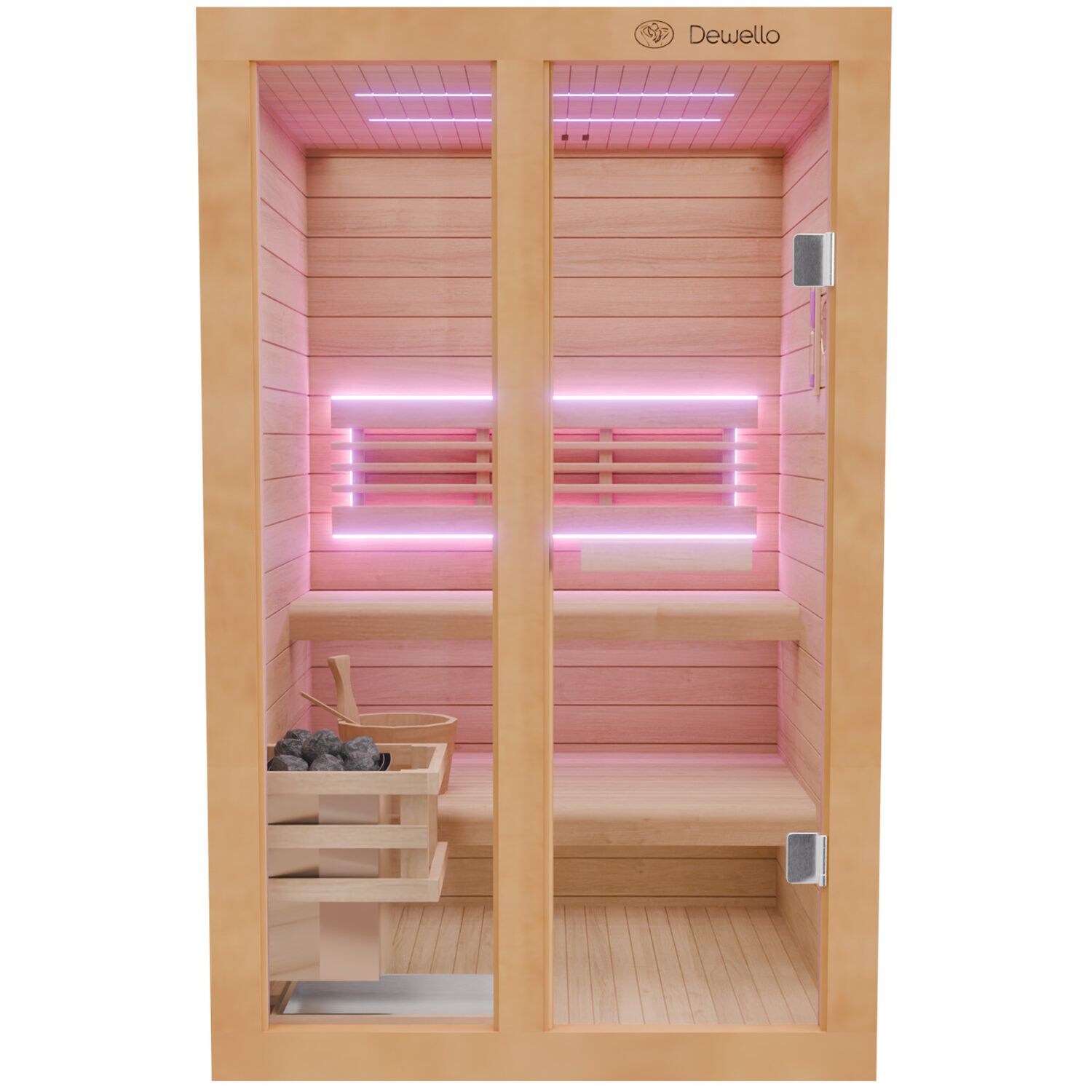Finnische Sauna TOFINO 120x140 Kabine aus Hemlock Tannenholz mit 3,5 kW Harvia Ofen, inkl Sauna Set