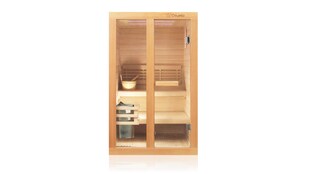 Dewello Finnische Sauna TOFINO 120x140 Kabine aus Hemlock Tannenholz mit 3,5 kW Harvia Ofen, inkl Sauna Set 