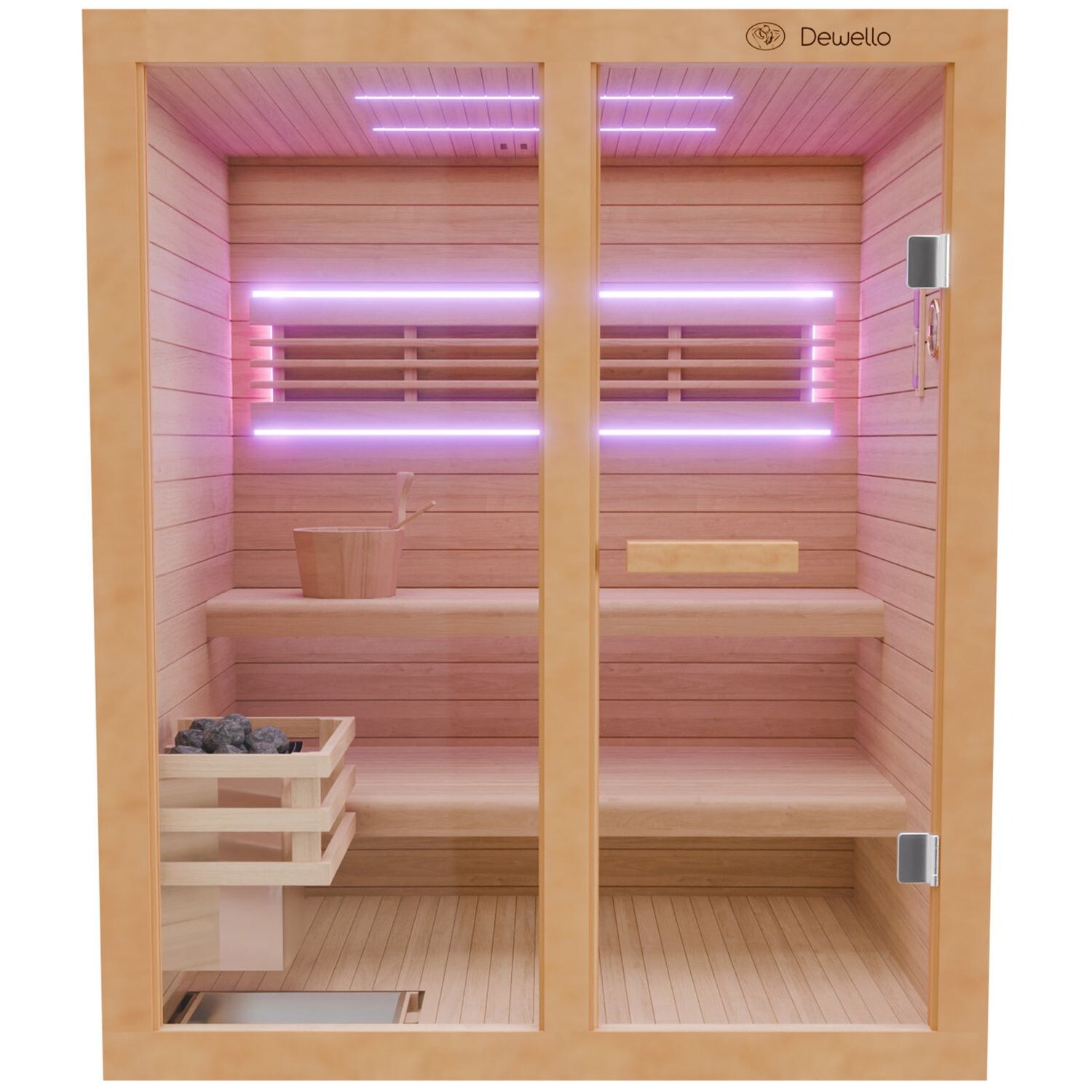 Finnische Sauna TOFINO 160x150 Kabine aus Hemlock Tannenholz mit,4,5 kW Harvia Ofen, inkl Sauna Set