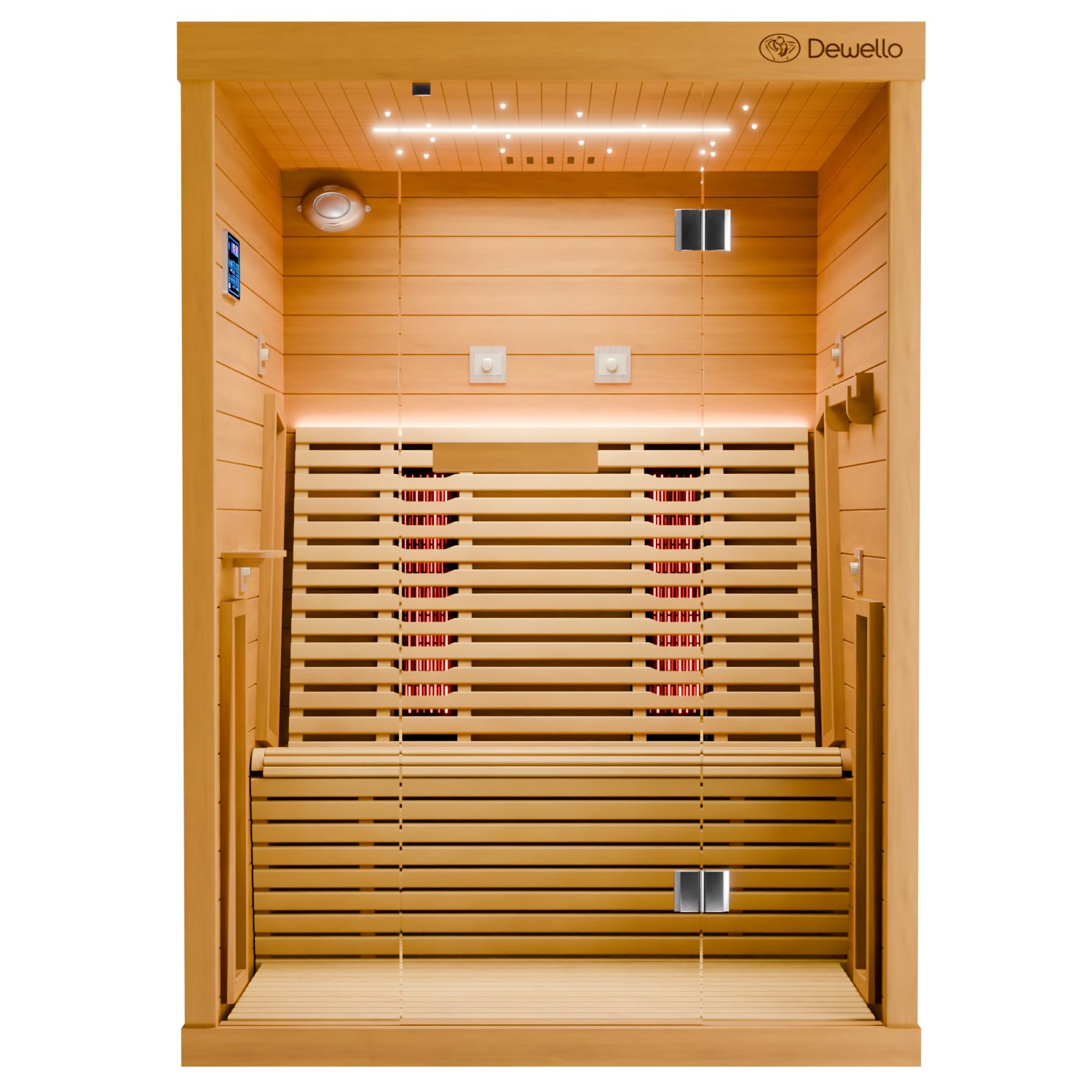 Dewello&reg; Infrarotkabine Infrarotsauna PALERMO 135x120 f&uuml;r 1-2 Personen aus Hemlockholz, Vollspektrumstrahler, Bodenstrahler, LED-Farblicht und Beleuchtung, Bluetooth 