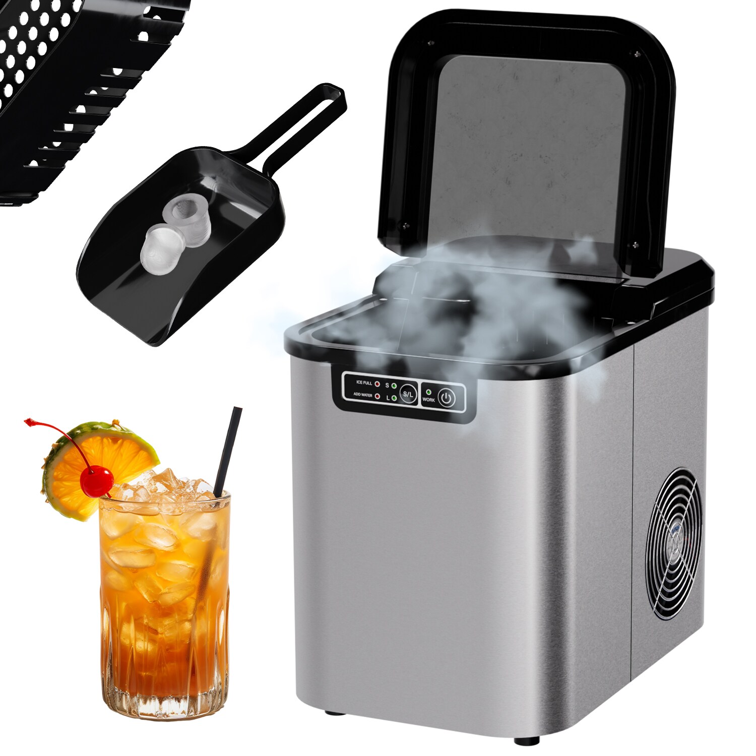 TroniTechnik® Eiswürfelmaschine Eiswürfelbereiter aus Edelstahl , Ice Maker, /24h, 2,2 Liter Wassertank, 2 Größen, Selbstreinigung
