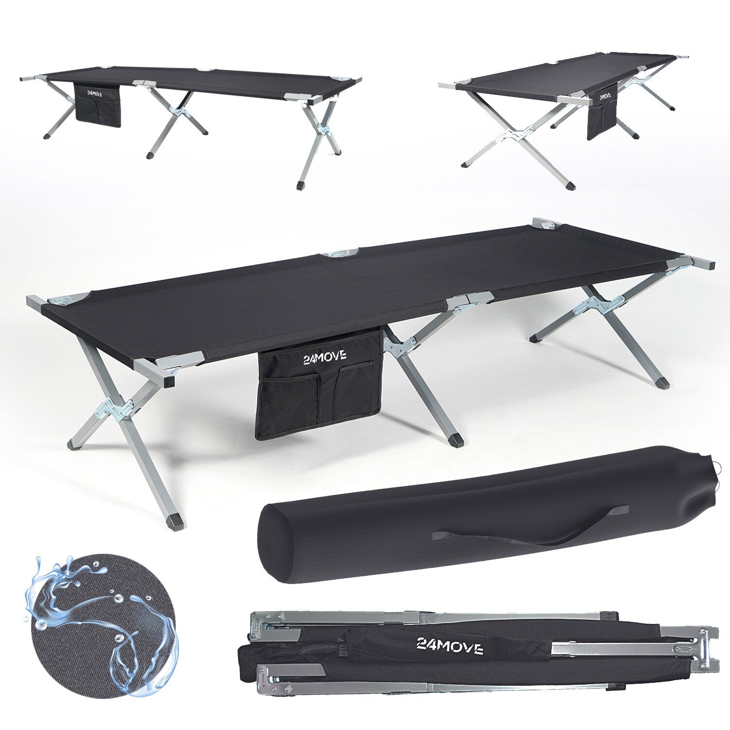 24MOVE® Feldbett Campingbett bis 180 kg In-und Outdoor Camping faltbar, inkl. Tragetasche für einfachen Transport
