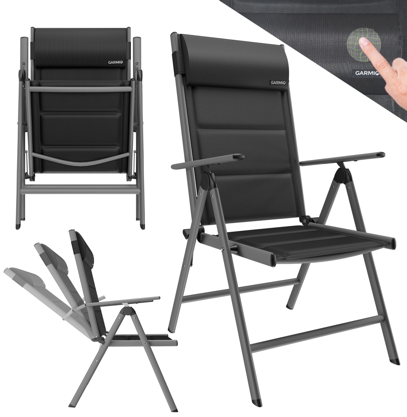 GARMIO&reg; Gartenstuhl Balkonstuhl FLORENZ schwarz, 7-fach verstellbar, klappbar, inkl. Nackenkissen, f&uuml;r Terrasse 