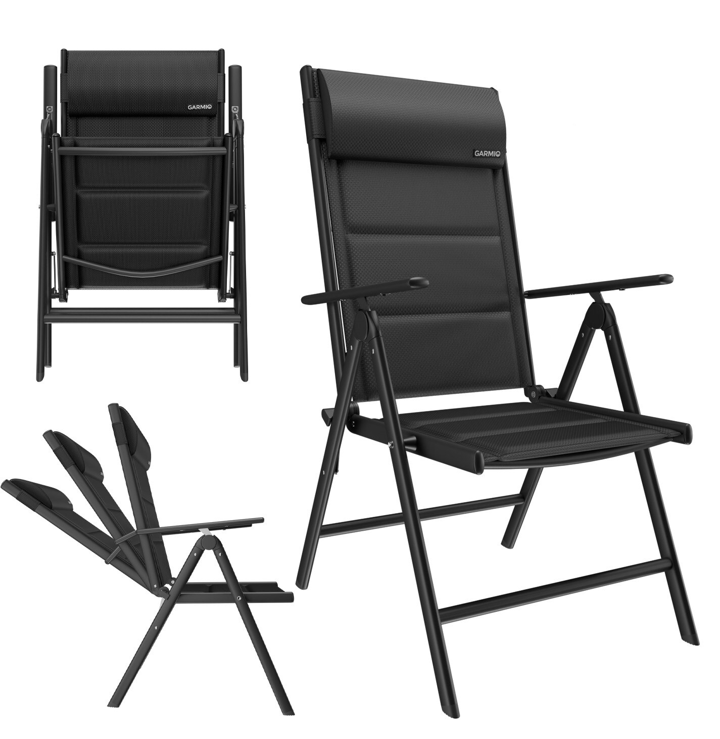 GARMIO® Gartenstuhl Balkonstuhl FLORENZ schwarz, 7-fach verstellbar, klappbar, inkl. Nackenkissen, für Terrasse