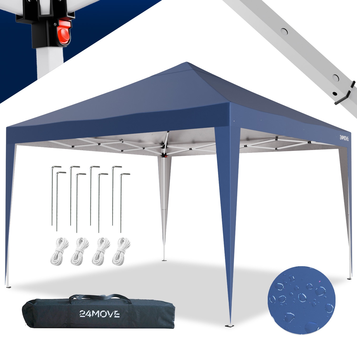 24MOVE&reg; Pavillon Santos 3x3m Pop-Up UV-Schutz 50+ Wasserdicht & winterfest mit Tasche faltbar & stabil, f&uuml;r Camping & Garten Faltpavillon - Partyzelt Blaullon Faltpavillion SANTOS 3x3M Pop Up wasserdicht klappbar, blau 