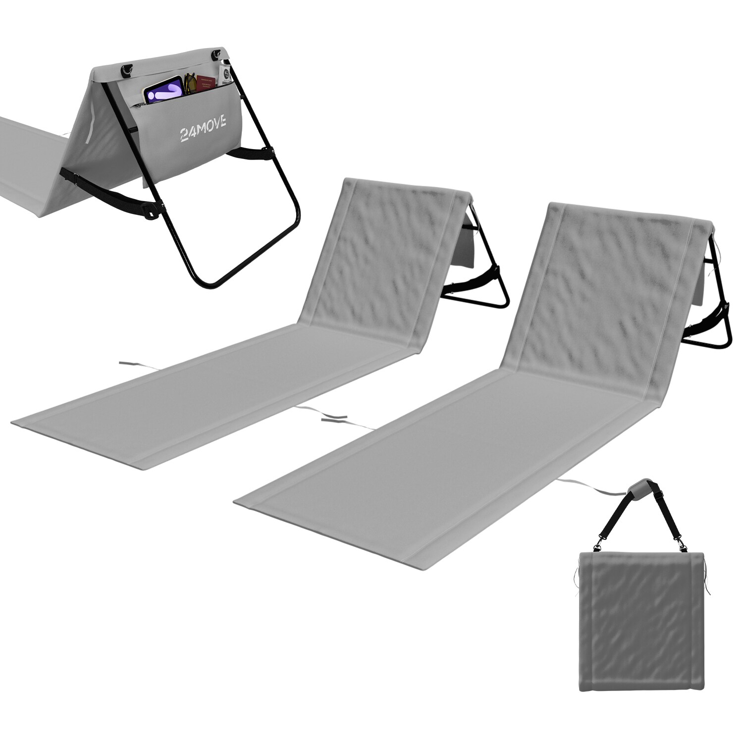 24MOVE&reg; Strandmatte 2er Set klappbar mit R&uuml;ckenlehne, Strandliege mit Gurt, tragbar f&uuml;r Strand und Garten, Liegematte grau 