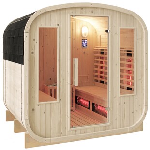 Dewello® - Outdoor Fasssauna Richmond - ca. 200 cm x 180 cm x 200 cm, Fichtenholz - Cube inkl. 10 Infrarotstrahler, Saunaofen und Saunazubehör I Gartensauna, Außensauna, Sauna Fass für 4 Personen 