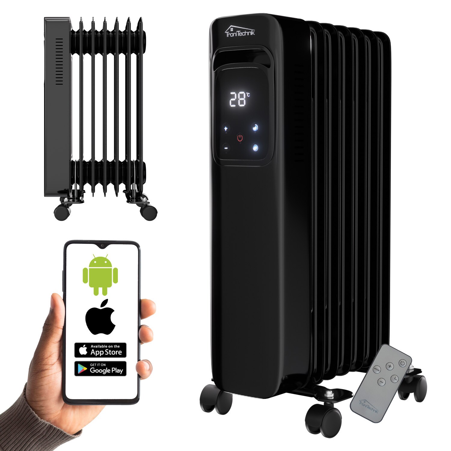 TroniTechnik® Ölradiator Elektroheizung TT-OR 307 in Schwarz mit 7 Rippen und 1500 Watt, drei Heizstufen (600W, 900W, 1500W)