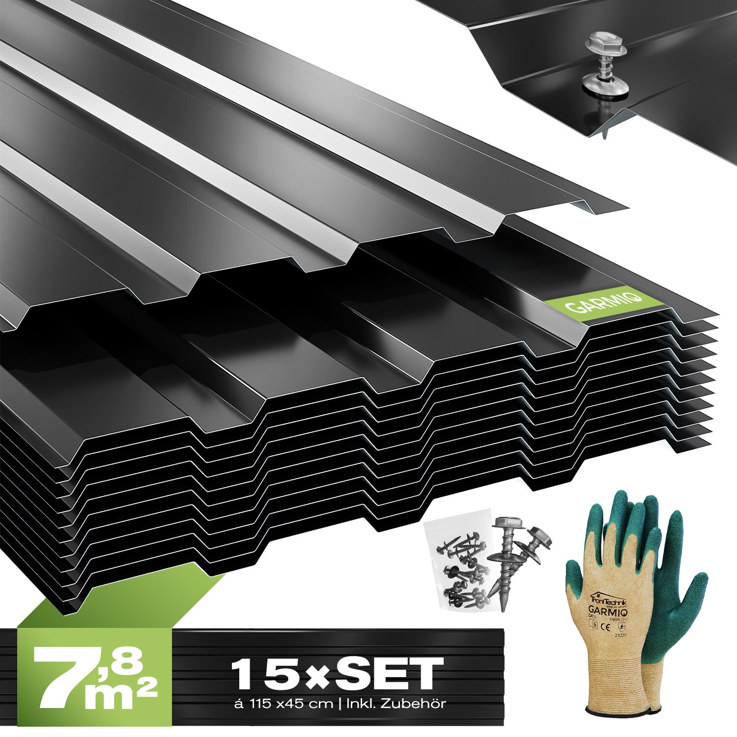 GARMIO® Profilblech Trapezblech Amalfi 115 Set 15 Stück Dachblech 115x45 cm, verzinkter Stahl schwarz