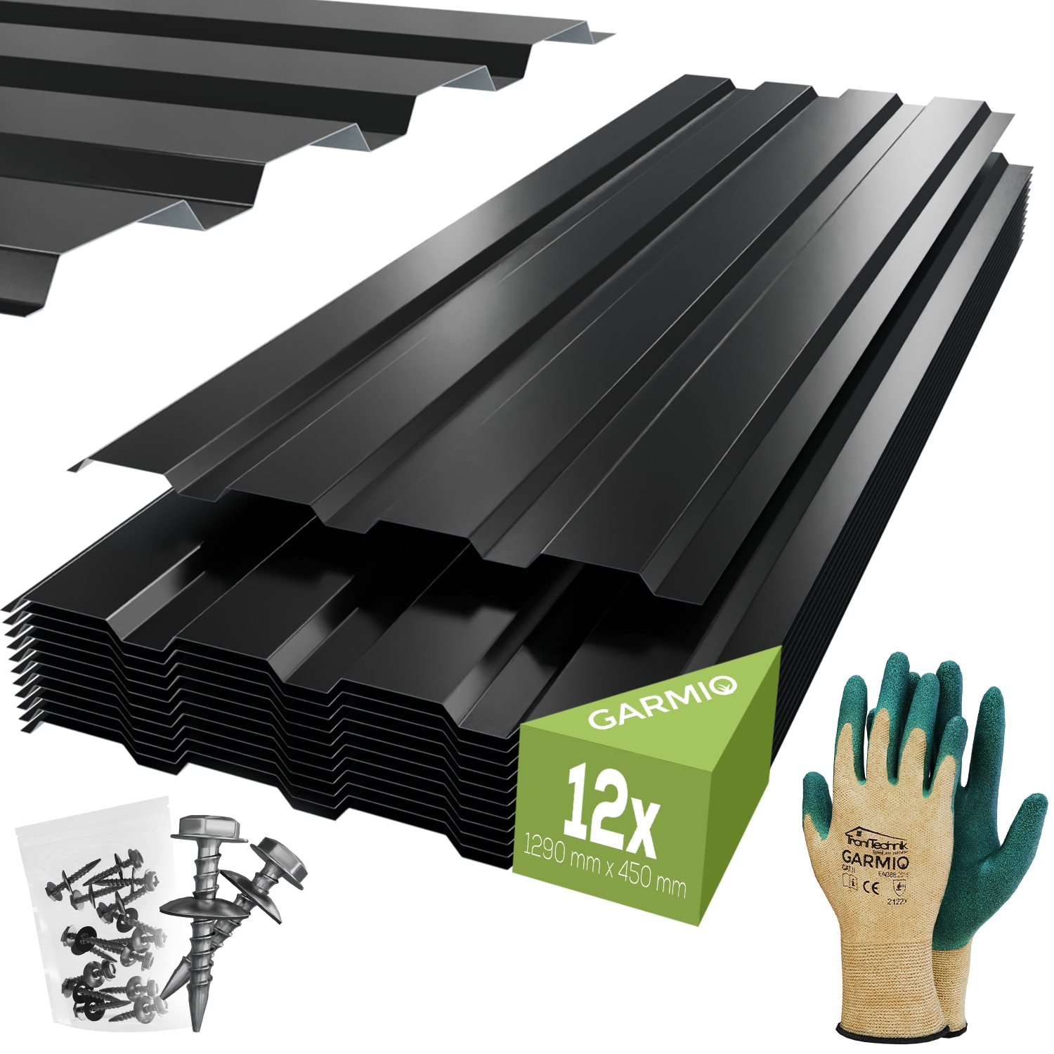 GARMIO&reg; Profilblech Trapezblech Amalfi 129 Set 12 St&uuml;ck Dachblech 129x45 cm, verzinkter Stahl schwarz 