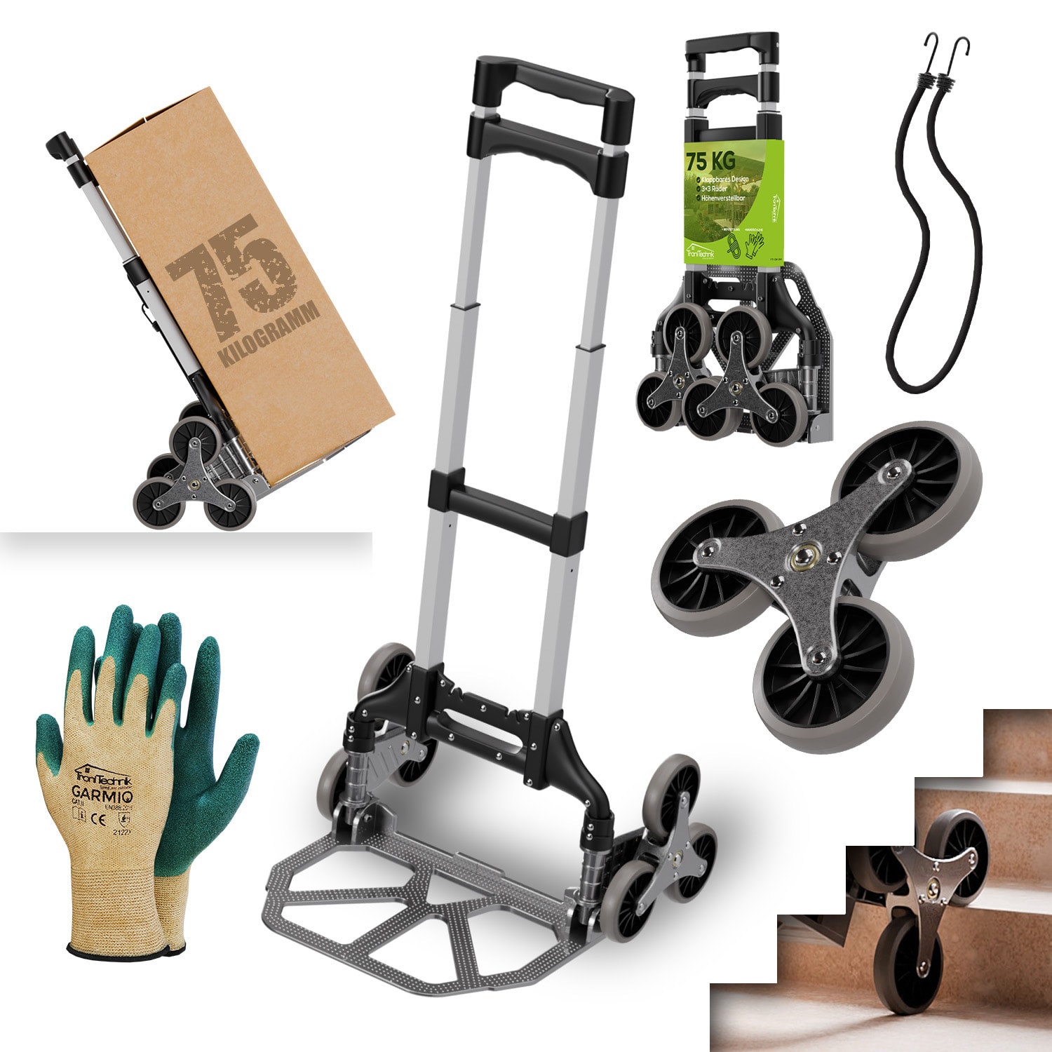 TroniTechnik&reg; Sackkarre Handkarre klappbar, Transportkarre bis 75kg, Klappwagen f&uuml;r Treppen - Sternrad, h&ouml;henverstellbar 