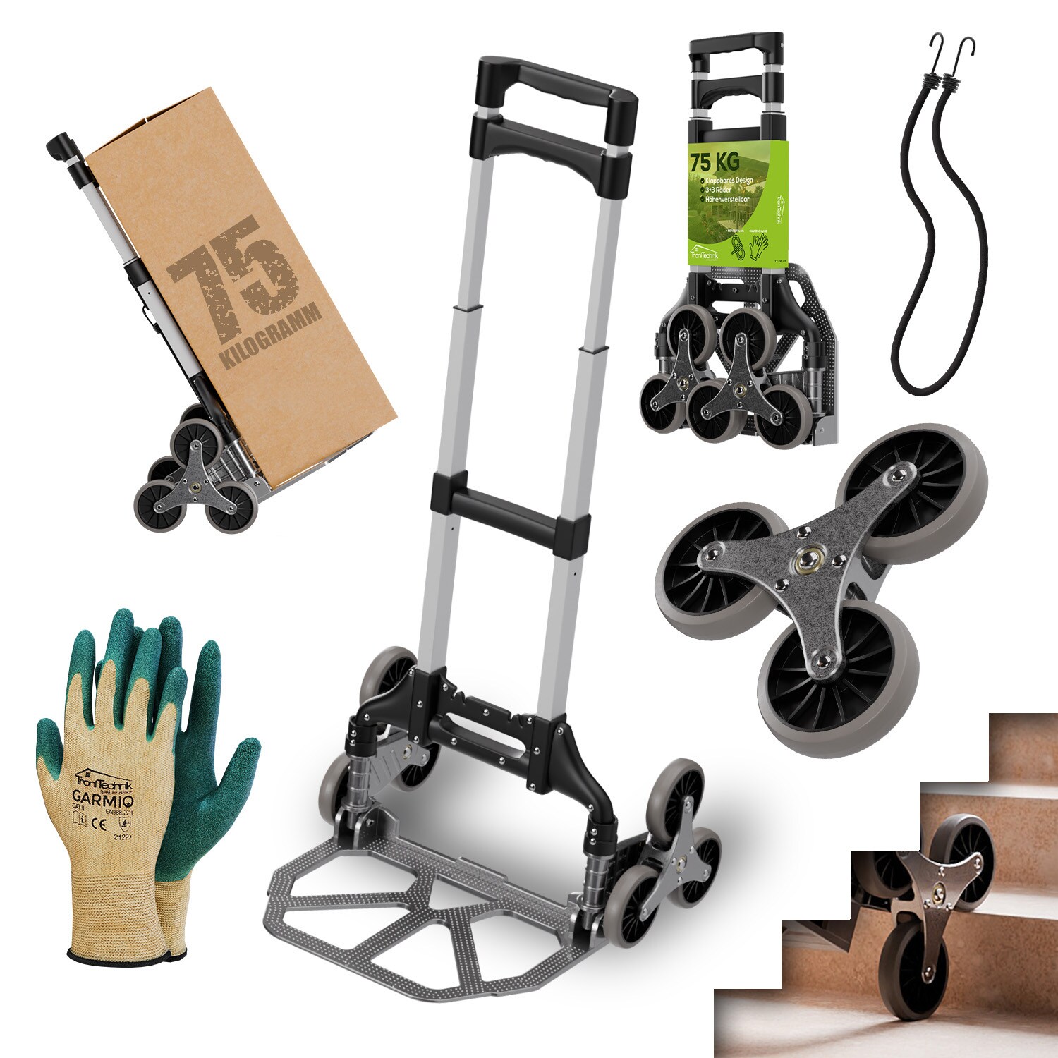 TroniTechnik® Sackkarre Handkarre klappbar, Transportkarre bis , Klappwagen für Treppen - Sternrad, höhenverstellbar