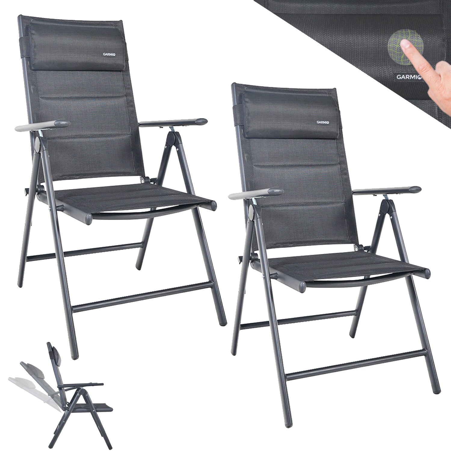 GARMIO&reg; Gartenstuhl Balkonstuhl FLORENZ anthrazit, 2er SET, 7-fach verstellbar, klappbar, inkl. Nackenkissen, f&uuml;r Terrasse 