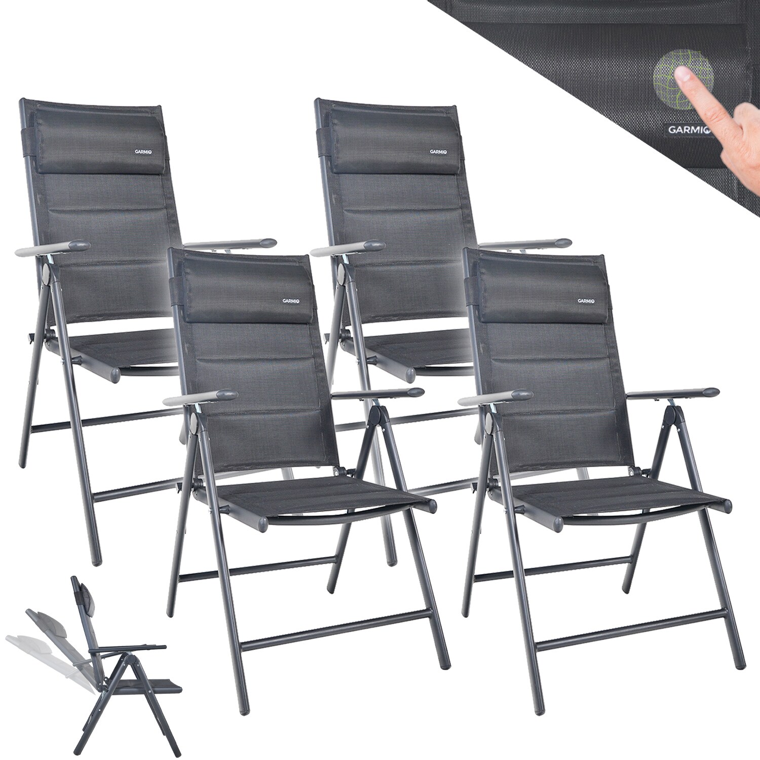 GARMIO&reg; Gartenstuhl Balkonstuhl FLORENZ anthrazit, 4er SET, 7-fach verstellbar, klappbar, inkl. Nackenkissen, f&uuml;r Terrasse 