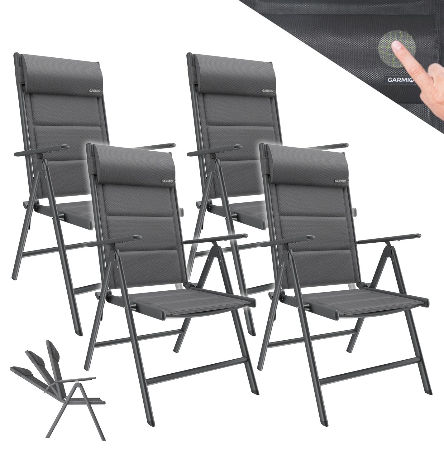 ® Gartenstuhl Balkonstuhl FLORENZ anthrazit, 4er SET, 7-fach verstellbar, klappbar, inkl. Nackenkissen, für Terrasse