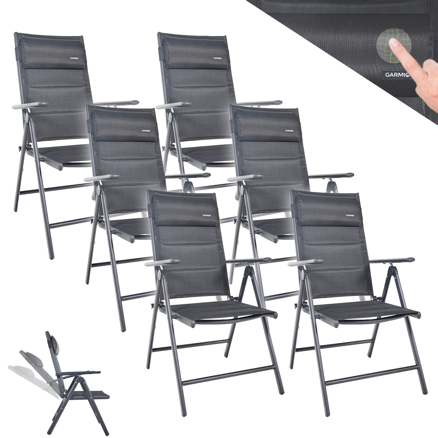 GARMIO&reg; Gartenstuhl Balkonstuhl FLORENZ anthrazit,6er SET, 7-fach verstellbar, klappbar, inkl. Nackenkissen, f&uuml;r Terrasse 