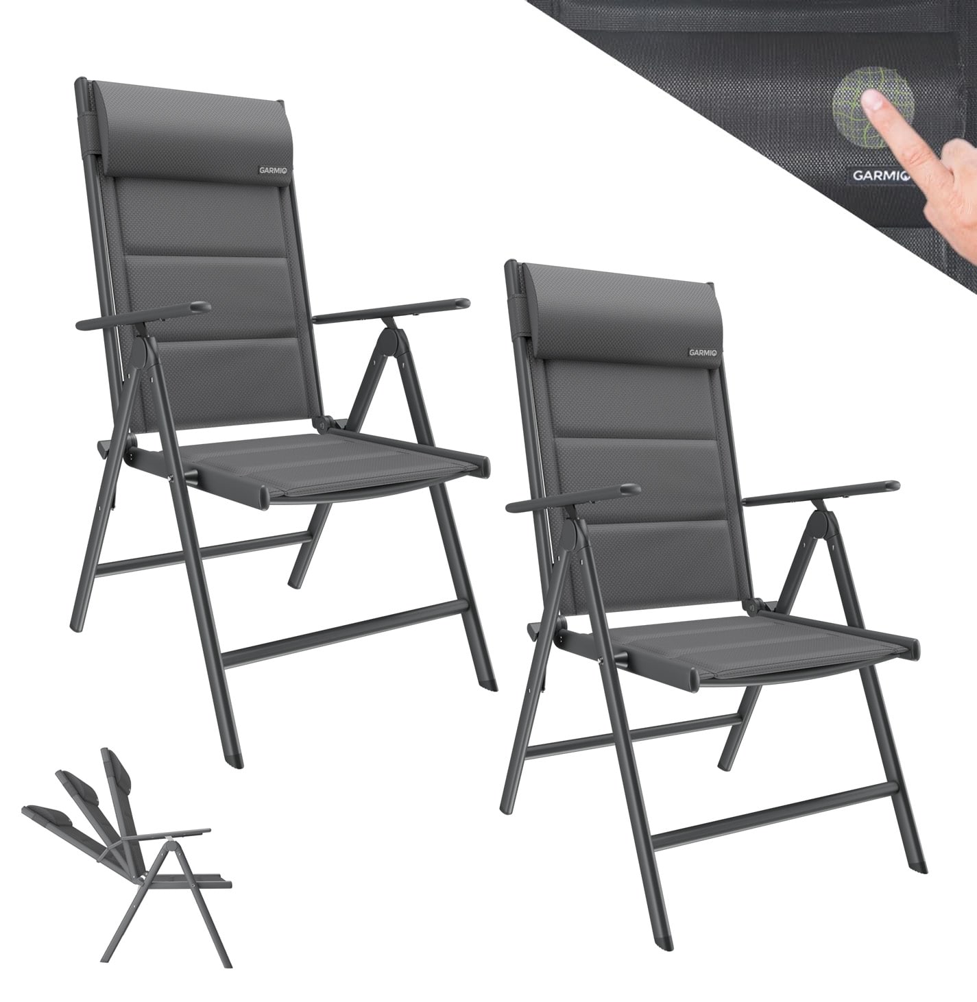 GARMIO&reg; Gartenstuhl Balkonstuhl FLORENZ schwarz, 2er SET, 7-fach verstellbar, klappbar, inkl. Nackenkissen, f&uuml;r Terrasse 