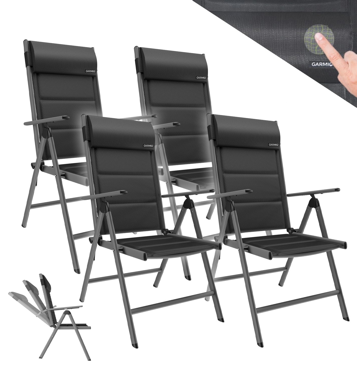 GARMIO&reg; Gartenstuhl Balkonstuhl FLORENZ schwarz, 4er SET, 7-fach verstellbar, klappbar, inkl. Nackenkissen, f&uuml;r Terrasse 