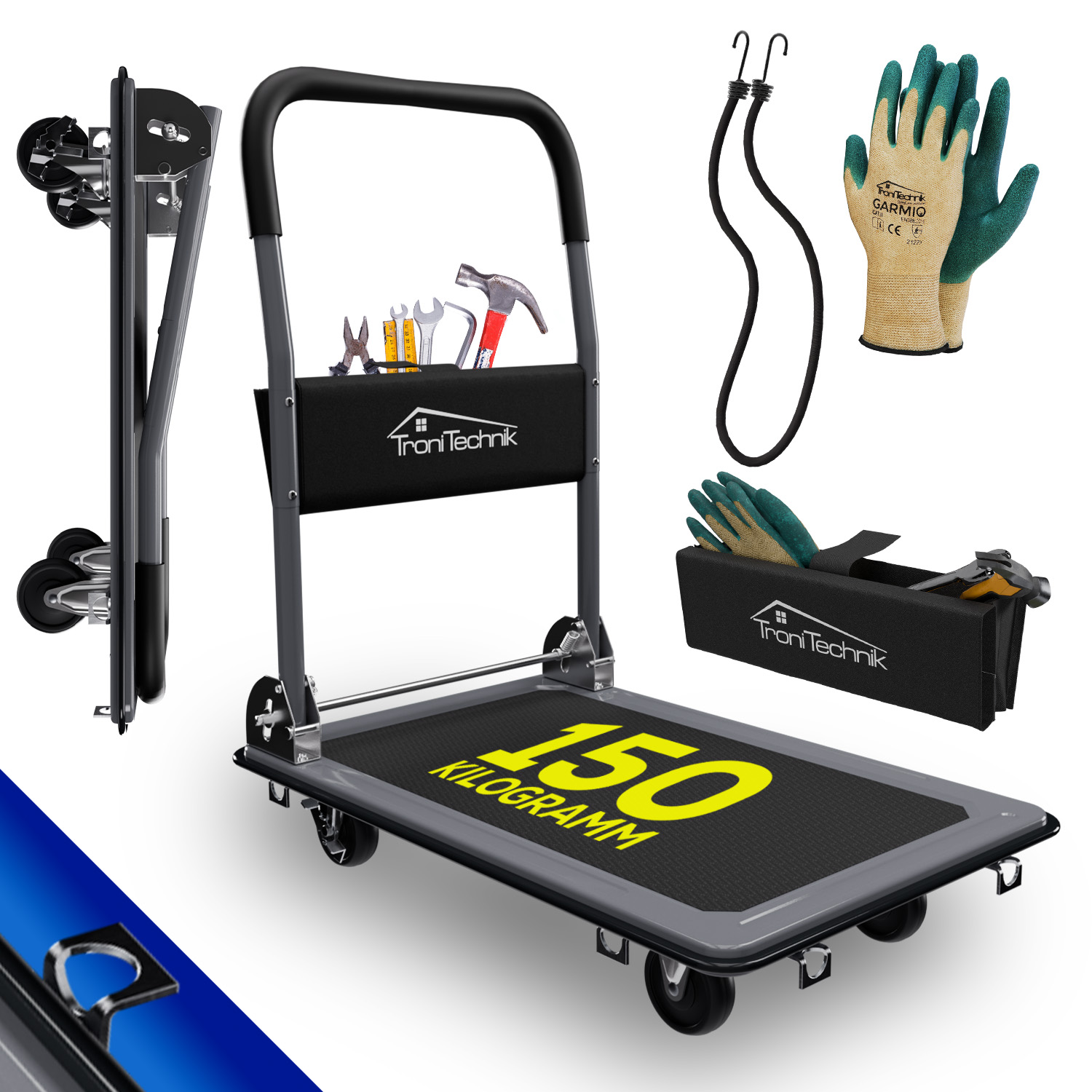 TroniTechnik&reg; Transportwagen Plattformwagen klappbar, 150 kg Tragkraft mit Antirutschbeschichtung, Halterung, Griffpolster 