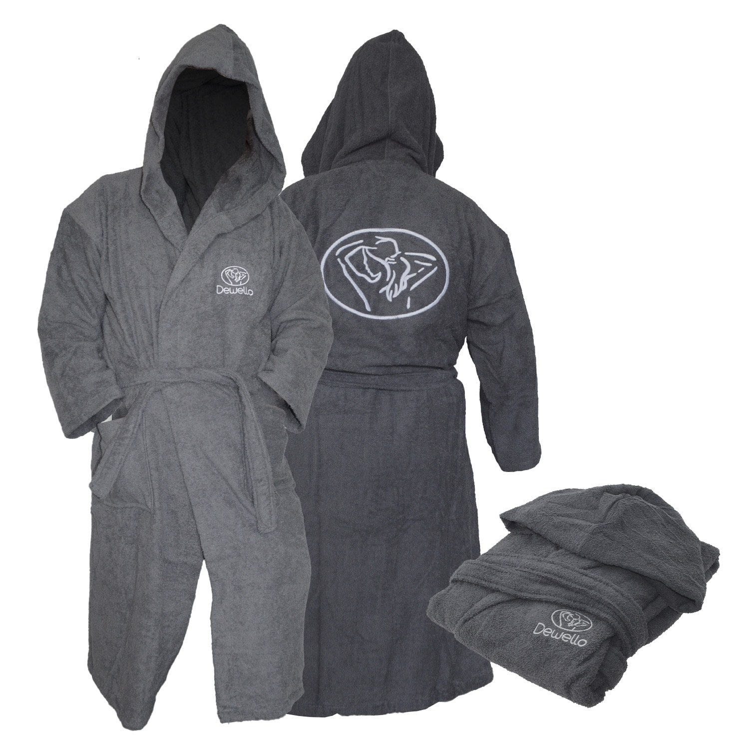 Dewello&reg; Bademantel mit Kapuze Baumwolle f&uuml;r Sauna und nach dem Sport, Frottee Unisex Grau, Verschiedene Gr&ouml;&szlig;en (S-XXL), Farbe:Grau 