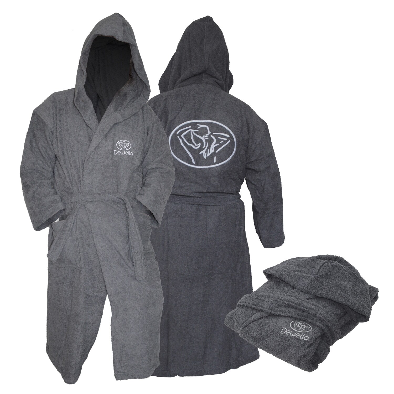 Dewello&reg; Bademantel mit Kapuze Baumwolle f&uuml;r Sauna und nach dem Sport, Frottee Unisex Grau, Verschiedene Gr&ouml;&szlig;en (S-XXL), Farbe:Grau 
