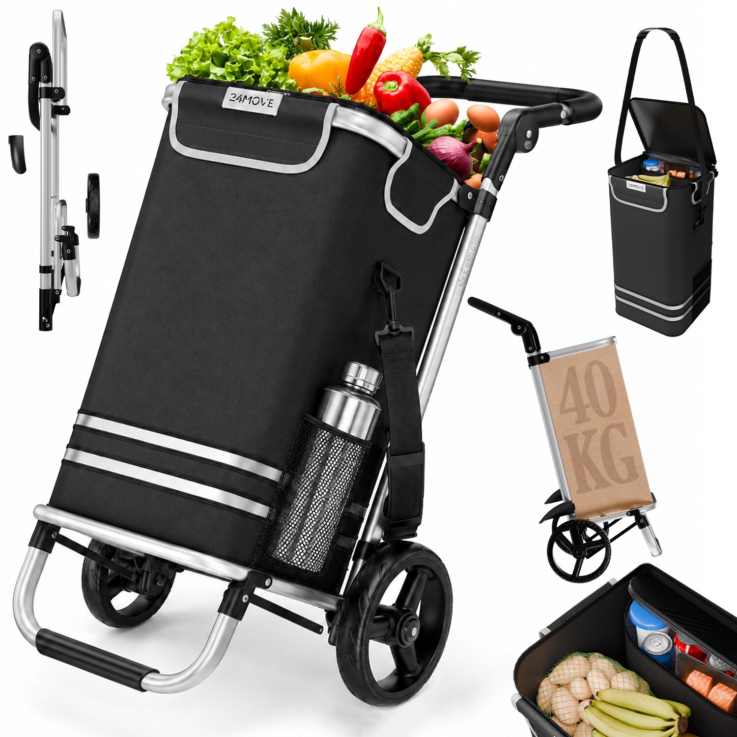 ® Einkaufstrolley VEHLO 3in1 Trolley faltbarer Einkaufswagen mit Kühlfach, schwarz