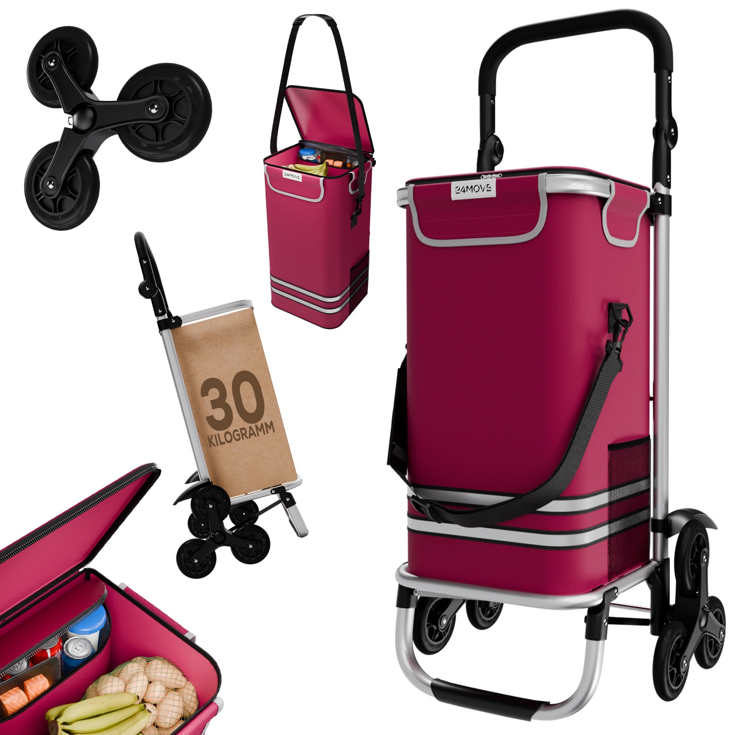 24MOVE&reg; Einkaufstrolley ALEGRE 3in1 Trolley faltbarer Einkaufswagen mit K&uuml;hlfach, rot 