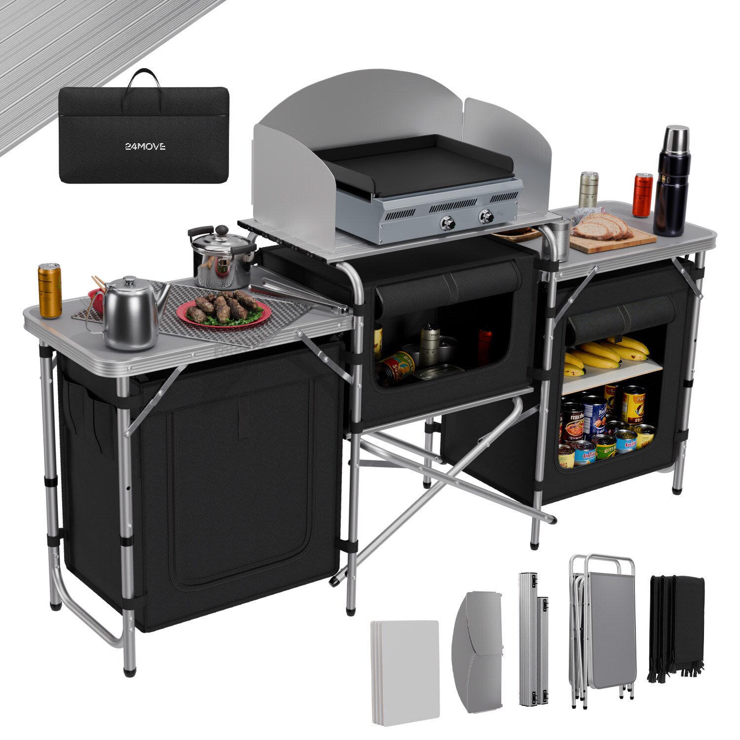 ® Campingküche CAMPO faltbar, Alu Outdoorküche mit Arbeitsplatte und Staufächern inkl. Windschutz und Tragetasche