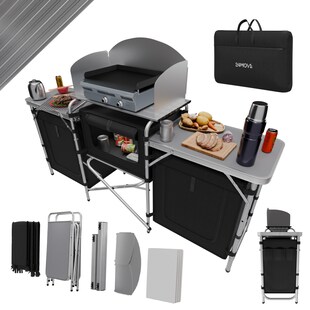 24MOVE® Campingküche CAMPO faltbar, Alu Outdoorküche mit Arbeitsplatte und Staufächern inkl. Windschutz und Tragetasche 