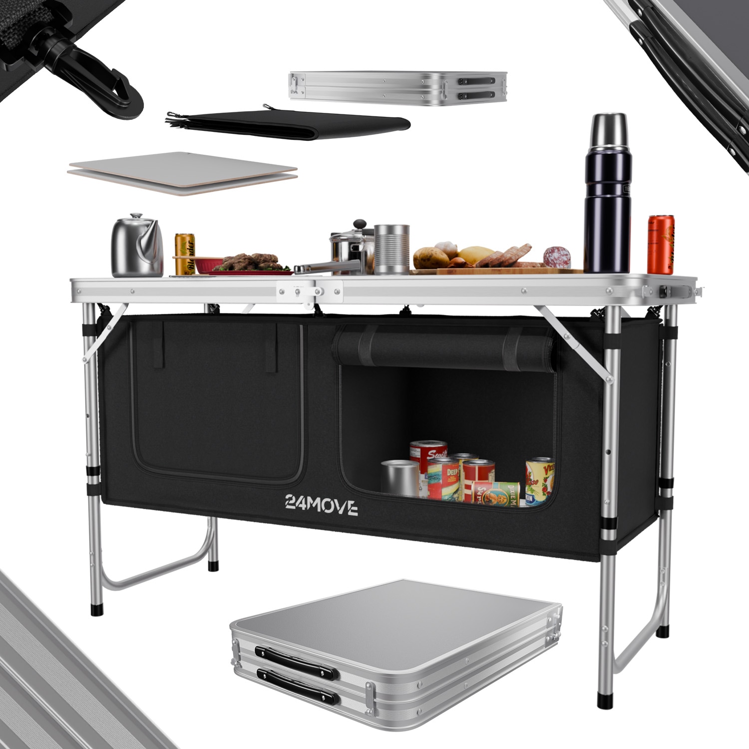 24MOVE&reg; Campingk&uuml;che PRAIA faltbar, h&ouml;henverstellbarer Campingschrank Alu Reisek&uuml;che mit Arbeitsplatte und Stauf&auml;chern, Outdoor Camping, tragbar 
