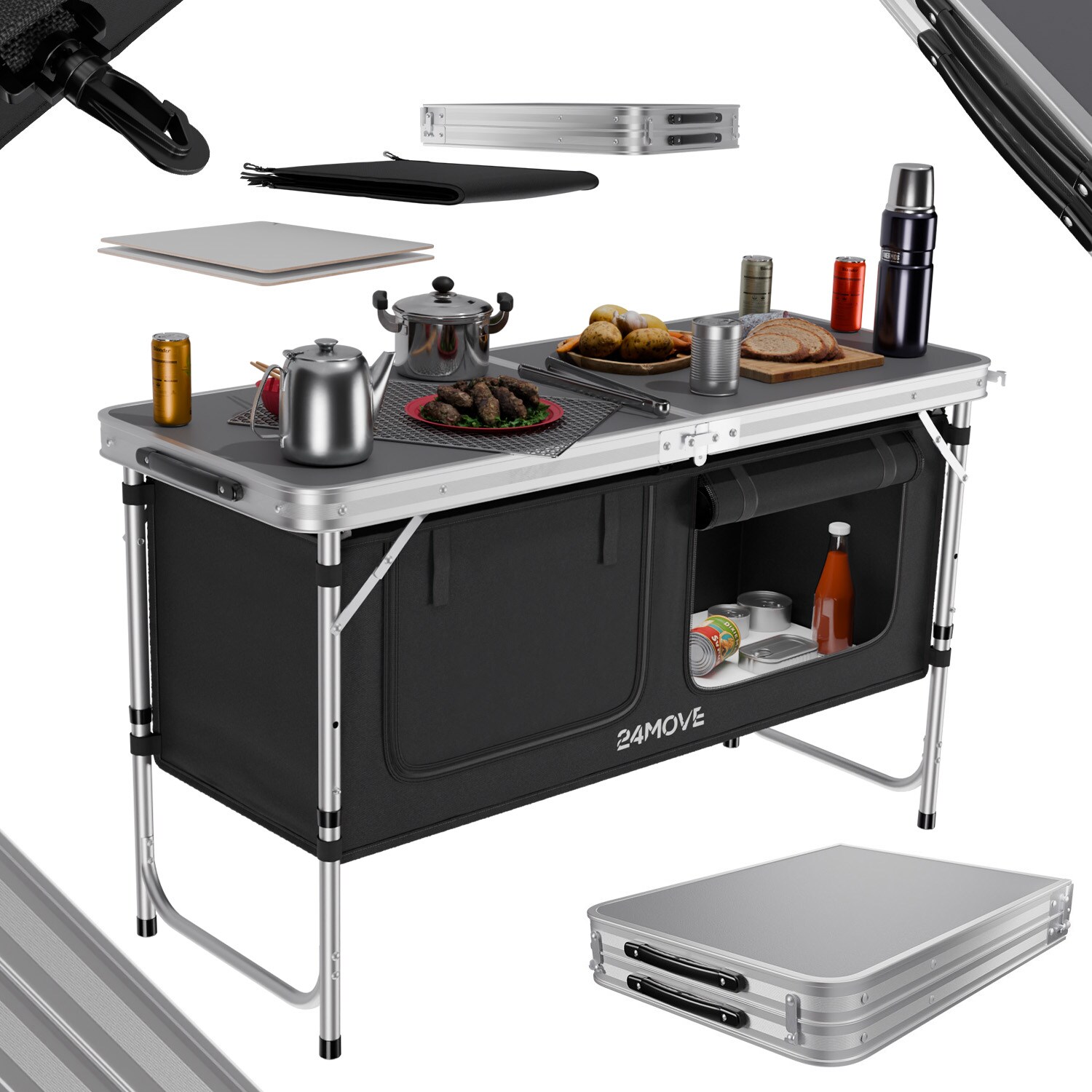 ® Campingküche PRAIA faltbar, höhenverstellbarer Campingschrank Alu Reiseküche mit Arbeitsplatte und Staufächern, Outdoor Camping, tragbar